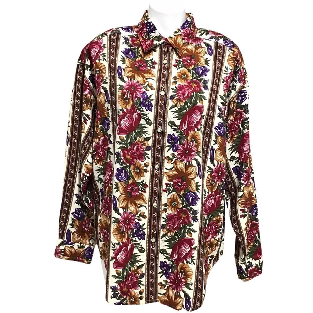 Leslie Fay Vintage Floral Flower Detail Long Sleeve Blouse Harvest Size S